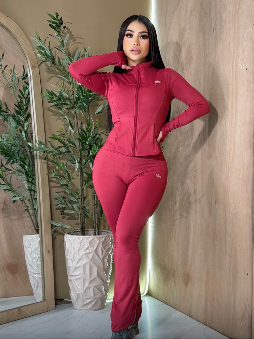 ALO Yoga Women's Rose-Red Zip Jacket & High-Rise Track Pants Set